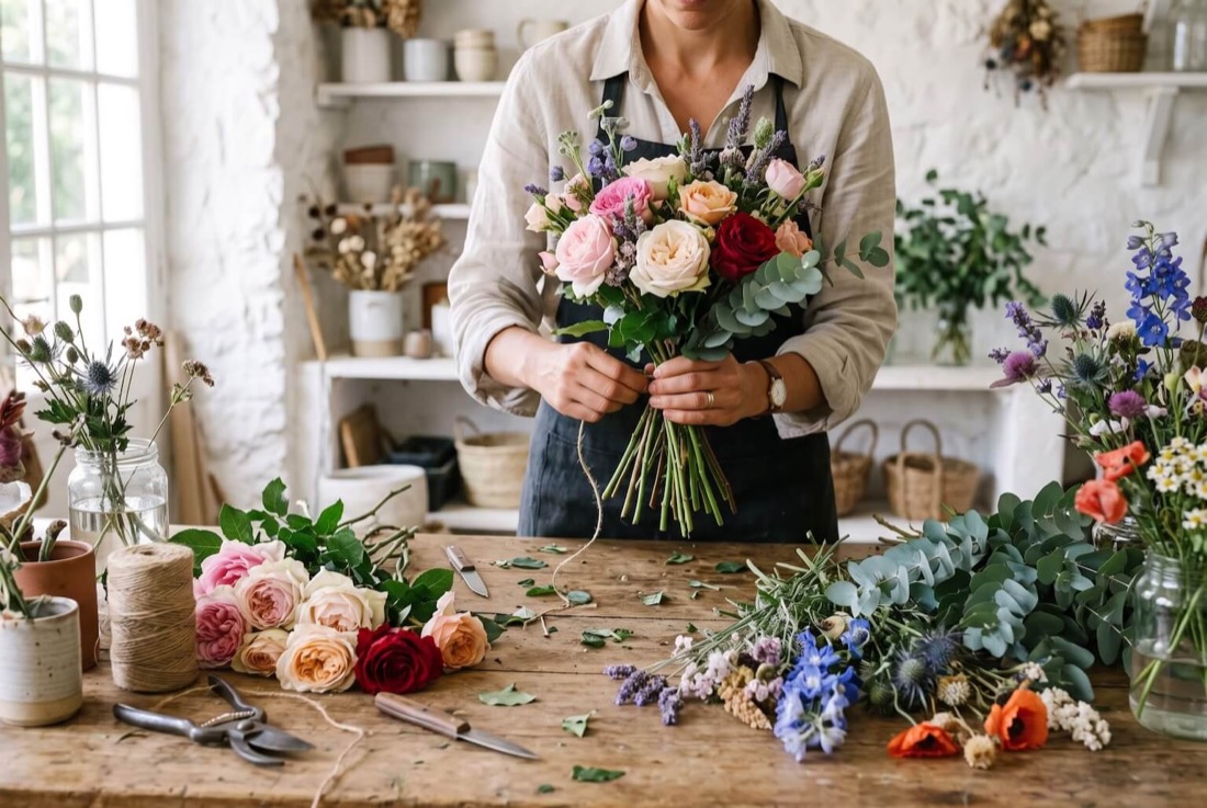 Florista a compor um ramo na bancada do atelier
