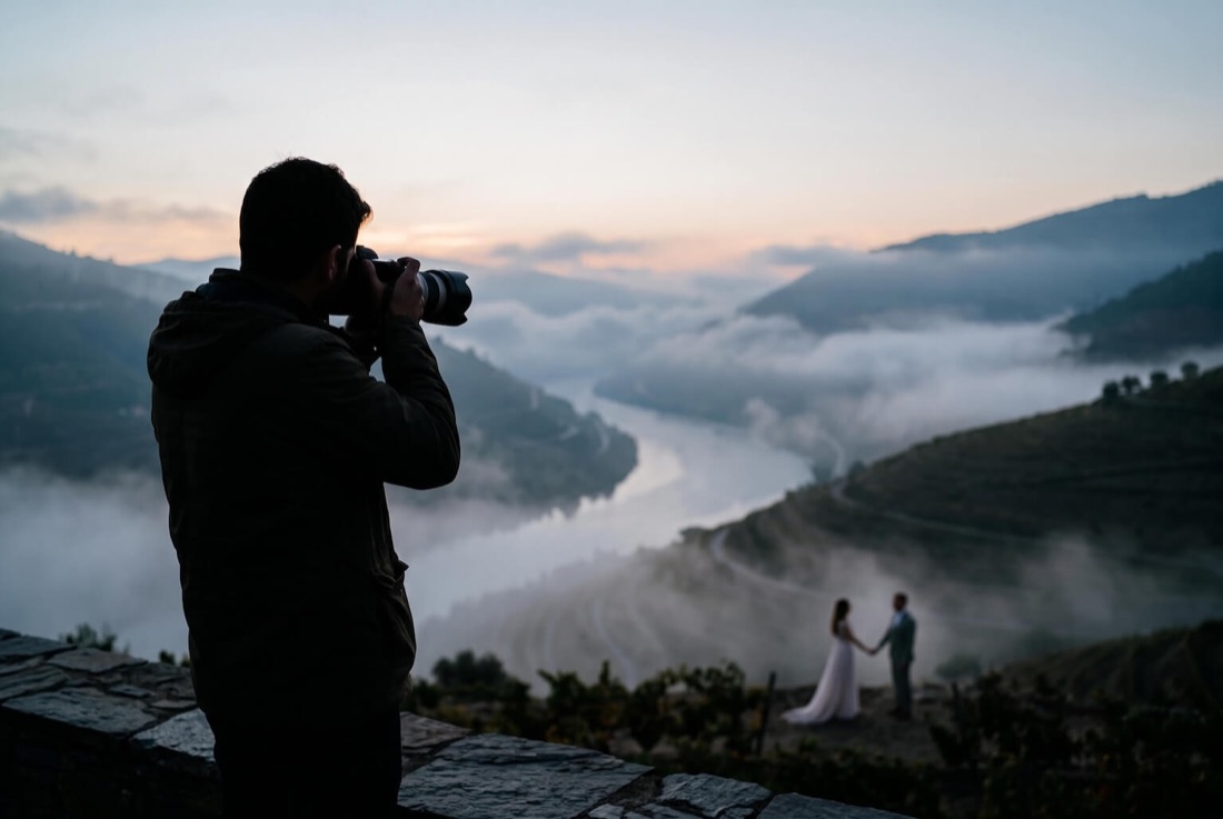 Fotógrafo a registar um casal de noivos sobre o vale do Douro, ao amanhecer
